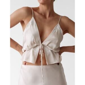 Rumored Wilder Top Dove Beige Front Tie Satin Tank Top‎ Large Delicate Romantic